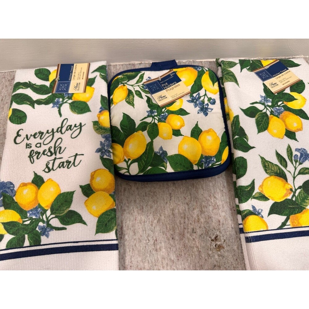 Lemon Theme Kitchen Towel & Pot Holder Set (4 Pieces Total)
